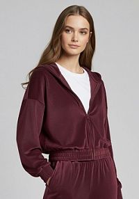 Rozpinana welurowa bluza z kapturem bordowa House brązowa damska 715IO-83X