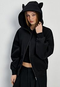 Rozpinana  bluza z kapturem i uszkami House czarna damska 732IO-99X