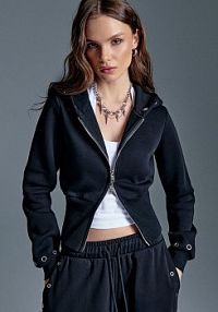 Rozpinana bluza z kapturem i metalowymi oczkami House czarna damska 977KF-99X