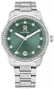 Zegarek TOMMY HILFIGER srebrny zielony damski W.KRUK   TH85 CRYSTALS