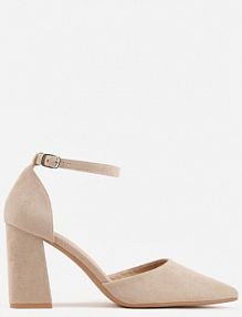 Ciemnobeżowe czółenka z Imitacji Zamszu na Słupkowym Obcasie ze Szpiczastym Noskiem Hadina ideal