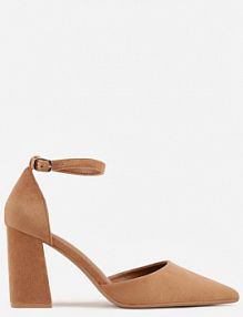 Jasnobrązowe czółenka z Imitacji Zamszu na Słupkowym Obcasie ze Szpiczastym Noskiem Hadina ideal