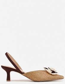 Brązowe Sandały Slingback na Kaczuszce z Tweedowymi Wstawkami i Kwiatem 3D Zehe ideal