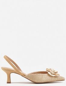 Beżowe Sandały Slingback na Kaczuszce z Tweedowymi Wstawkami i Kwiatem 3D Zehe ideal