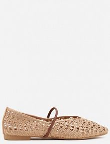 Beżowe Balerinki Mary Jane z Ażurową Cholewką Imitującą Plecionkę Timina Renee