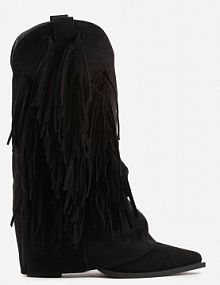 Czarne Botki kowbojki na Słupku Ozdobione Frędzlami i Wywiniętą Cholewką Aedime marquiiz