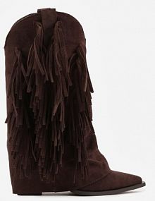 Brązowe Botki kowbojki na Słupku Ozdobione Frędzlami i Wywiniętą Cholewką Aedime marquiiz