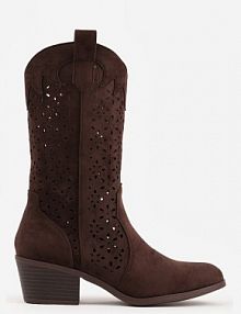 Brązowe Botki kowbojki na Słupku z Ażurową Cholewką Ravsemi Renee