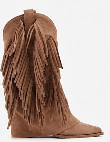 Jasnobrązowe Botki kowbojki na Słupku Ozdobione Frędzlami i Wywiniętą Cholewką Aedime marquiiz