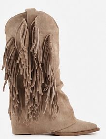 Ciemnobeżowe Botki kowbojki na Słupku Ozdobione Frędzlami i Wywiniętą Cholewką Aedime marquiiz
