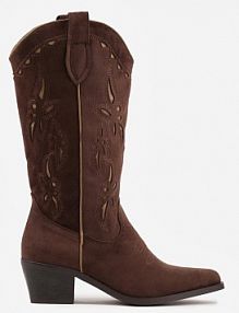 Brązowe Ażurowe Botki kowbojki na Stożku z Imitacji Zamszu Hephiane Renee