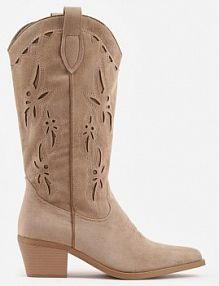 Ciemnobeżowe Ażurowe Botki kowbojki na Stożku z Imitacji Zamszu Hephiane ideal