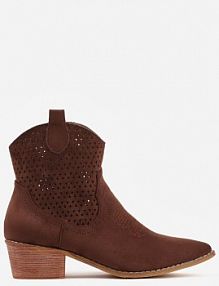 Brązowe Botki kowbojki Vices na Słupku z Ażurową Cholewką Elfedi