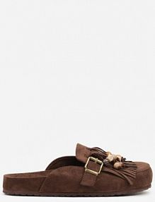 Brązowe klapki na Platformie Ozdobione Koralikami Klamrami i Frędzlami Leurecea ideal damskie