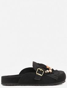 Czarne klapki na Platformie Ozdobione Koralikami Klamrami i Frędzlami Leurecea ideal damskie