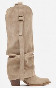 Ciemnobeżowe Kozaki na Stożku Typu Kowbojki Ozdobione Klamrą i Wywiniętą Cholewką Nalirella ideal