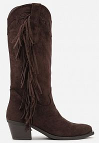 Ciemnobrązowe Kozaki Kowbojki na Stożku Ozdobione Frędzlami Reianeva marquiiz