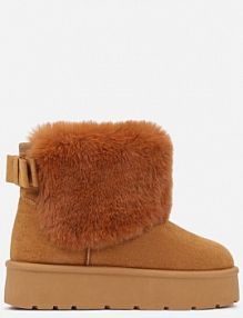 Jasnobrązowe śniegowce z Cholewką za Kostkę Ocieplane z Futerkiem i Małą Kokardą Reinedia ballada damskie