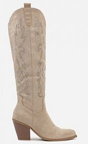 Ciemnobeżowe Kozaki Kowbojki na Stożkowym Obcasie Zdobione Cyrkoniami Nalera marquiiz