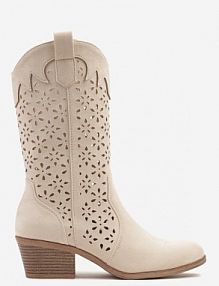 Beżowe Botki kowbojki na Słupku z Ażurową Cholewką Ravsemi gogo gogo