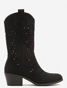 Czarne Botki kowbojki na Słupku z Ażurową Cholewką Ravsemi gogo gogo