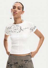T-shirt Desigual kremowy damski Helsinki 26SWTK10 Écru Slim Fit